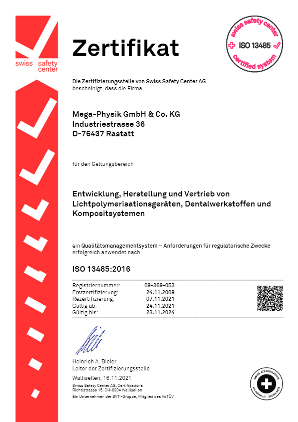 Zertifikat ISO 13485 MEGA-PHYSIK GMBH Co. KG